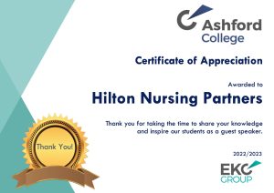 In a visionary partnership, Hilton Nursing Partners has joined forces with Ashford College, sharing their knowledge and expertise to inspire and develop the next generation of healthcare professionals. This unique collaboration is grounded in a shared mission to create a strong foundation for future healthcare and social care leaders.